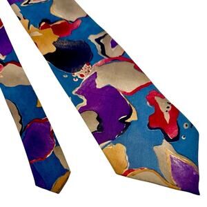 Vintage Silk Tie Abstract Teal Gold USA Designer Retro Mod Artsy Statement AOP